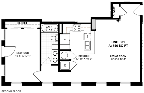 Floor plan for 1 bed, 1 bath, 756 sqft